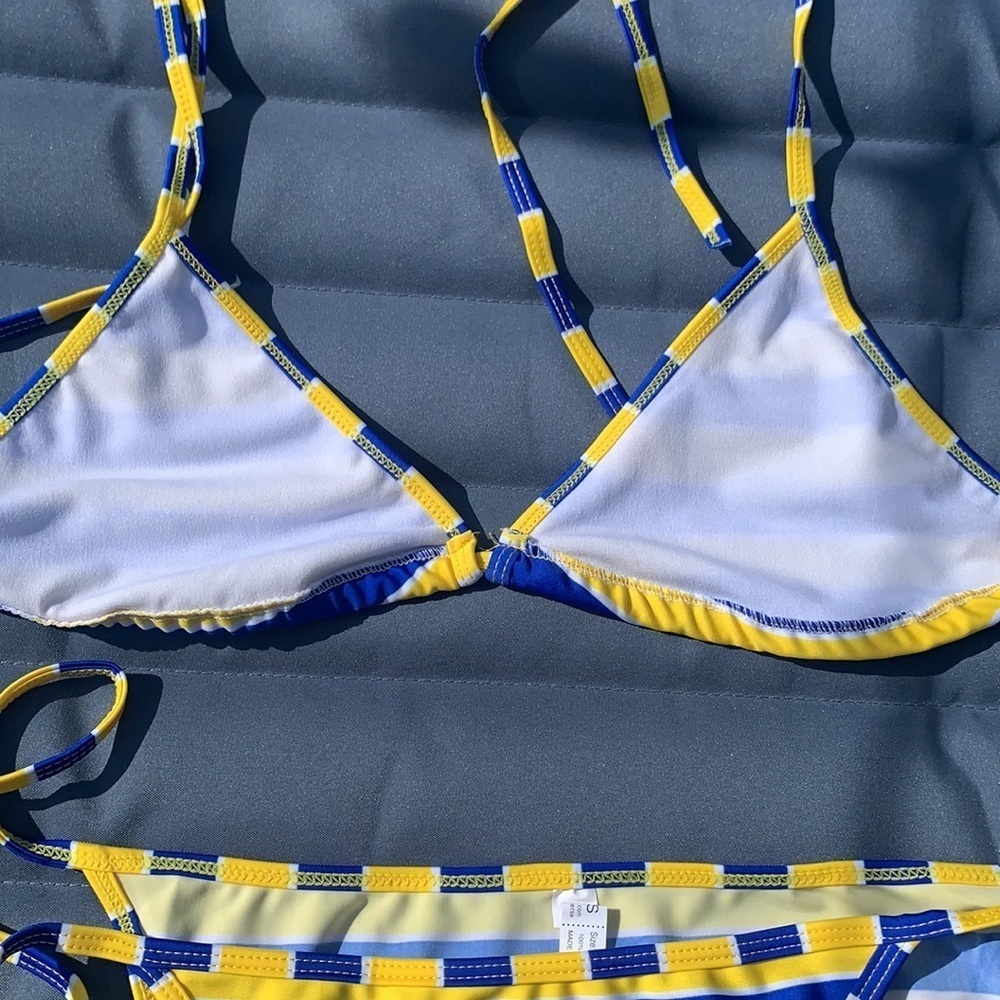 Blue & Yellow Striped String Bikini - Picture 6 of 7